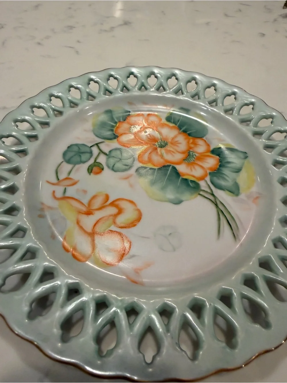 Vintage 1968 Hand Painted Floral Porcelain Plate Pierced Rim Dorothy Glover